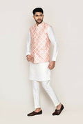 White art silk kurta set with matching jacket and straight-fit trousers for men