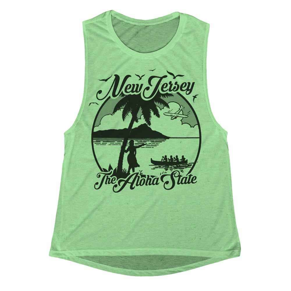 Girls light green sleeveless tank top with black tropical Aloha State graphic print