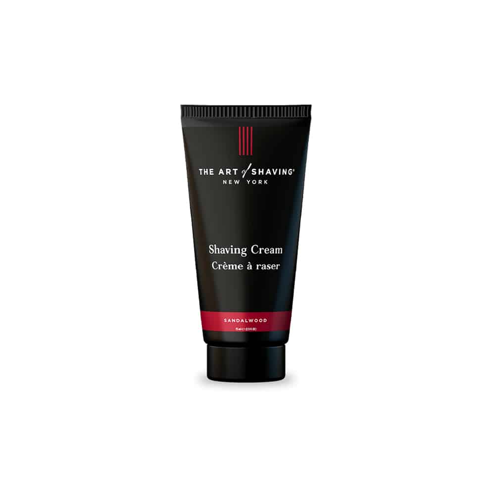 A 2.5 OZ container of Sandalwood Shaving Cream by The Art Of Shaving for a smooth grooming experience.