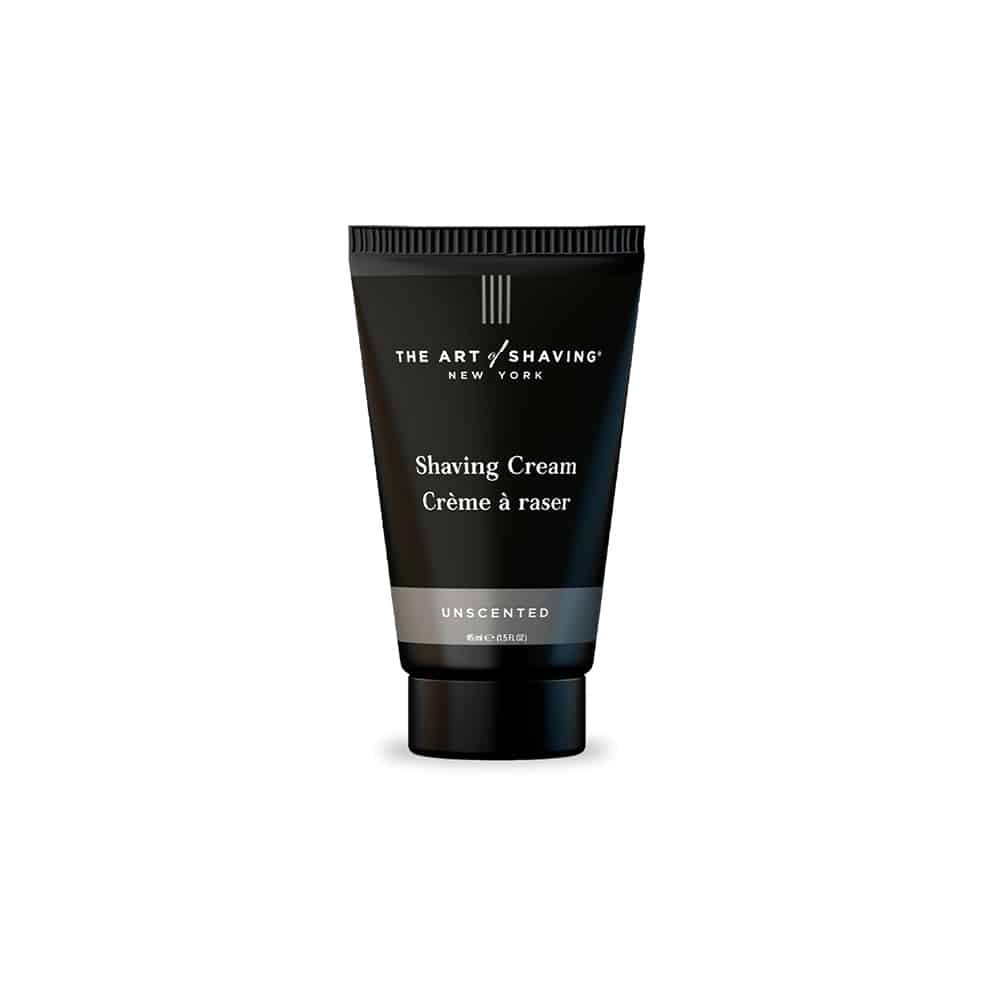 A 2.5 OZ container of The Art Of Shaving Unscented Shaving Cream for sensitive skin.