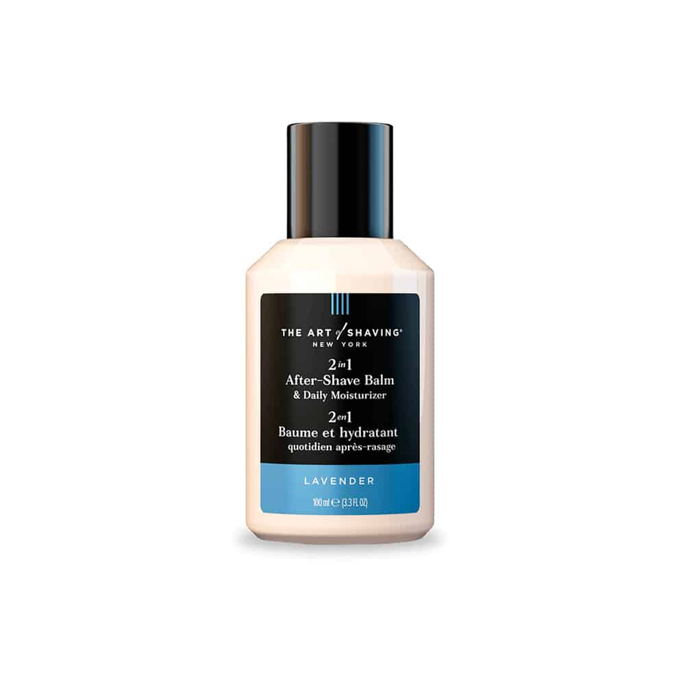 A 3.3 OZ bottle of The Art of Shaving After Shave Balm in Lavender scent, professional skincare grooming product.