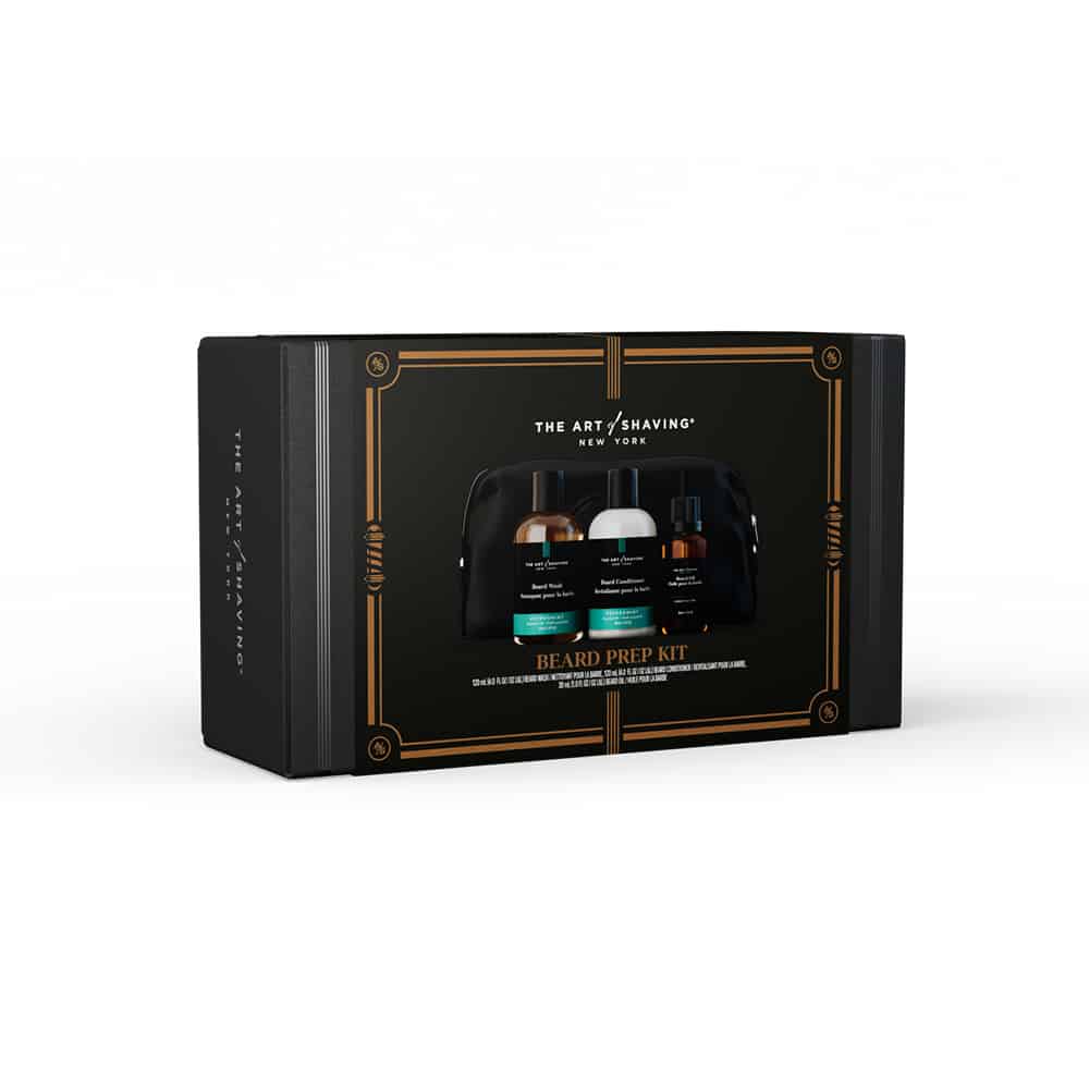 A 3-element beard prep kit containing beard wash, conditioner, and sandalwood oil in a black travel bag.