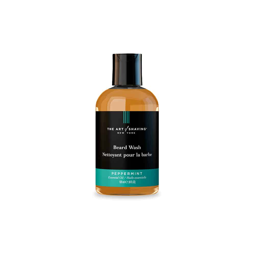 The Art of Shaving Peppermint Beard Wash 4 oz bottle in amber, black, and teal packaging