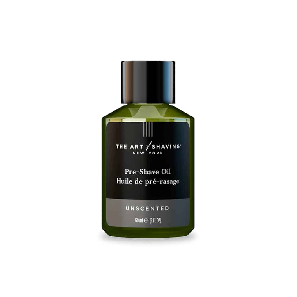 Bottle of The Art of Shaving Unscented Pre-Shave Oil, 2 fl oz, featuring green and black labeling.
