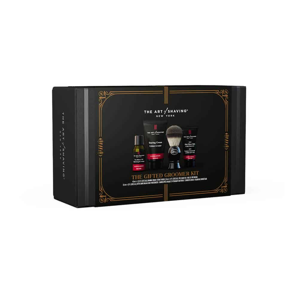 The Art of Shaving Sandalwood 4-Element Grooming Kit including pre-shave oil and shaving cream.