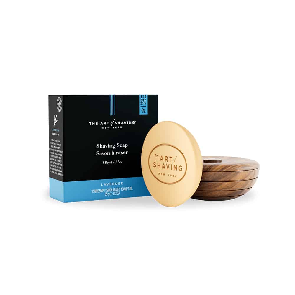 The Art of Shaving Lavender Shaving Soap in a reusable Teak wooden bowl