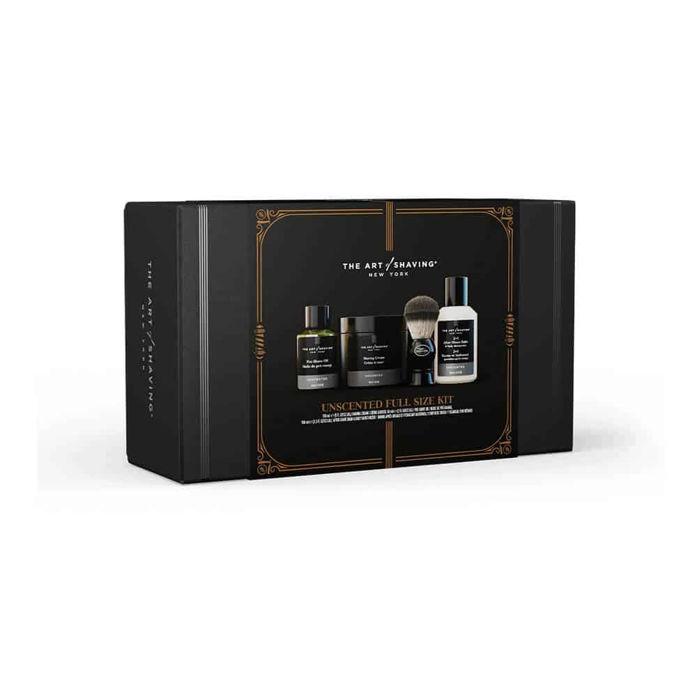 Unscented men's shaving kit including pre-shave oil, cream, brush, and balm in black and white packaging.
