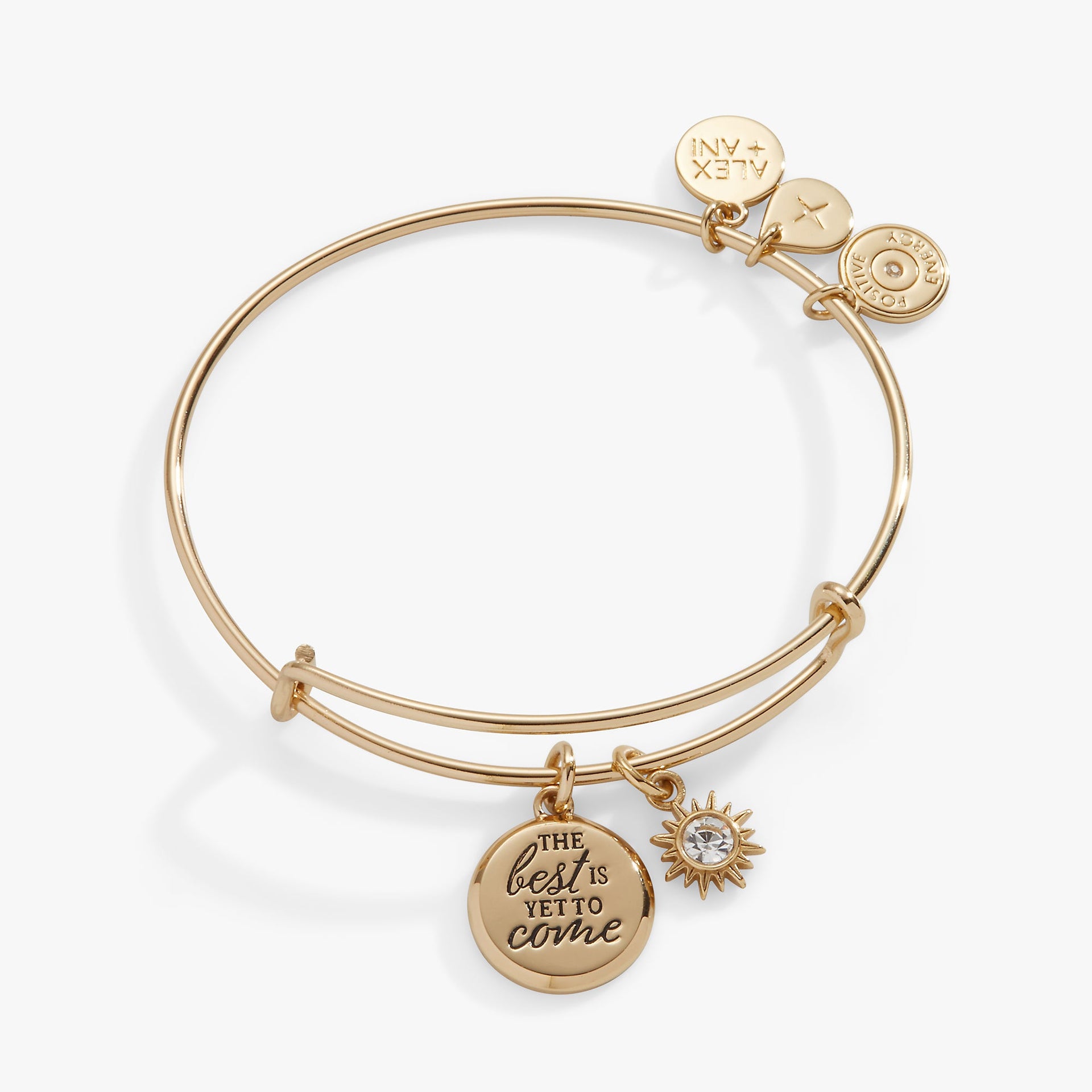 The Best Is Yet To Come duo charm bangle featuring a sun charm and crystal accent in gold or silver