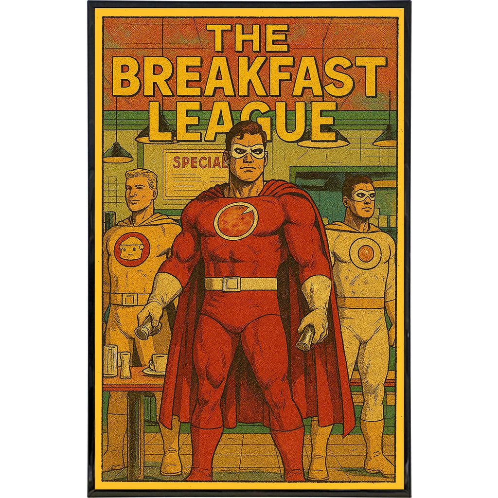 Vintage comic style Breakfast League poster with yellow and red colors in an 11x17 frame.