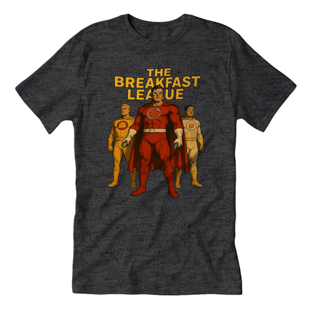 The Breakfast League graphic t-shirt featuring Captain Pork Roll and The Incredible Yolk cartoon characters