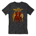 The Breakfast League graphic t-shirt featuring Captain Pork Roll and The Incredible Yolk cartoon characters