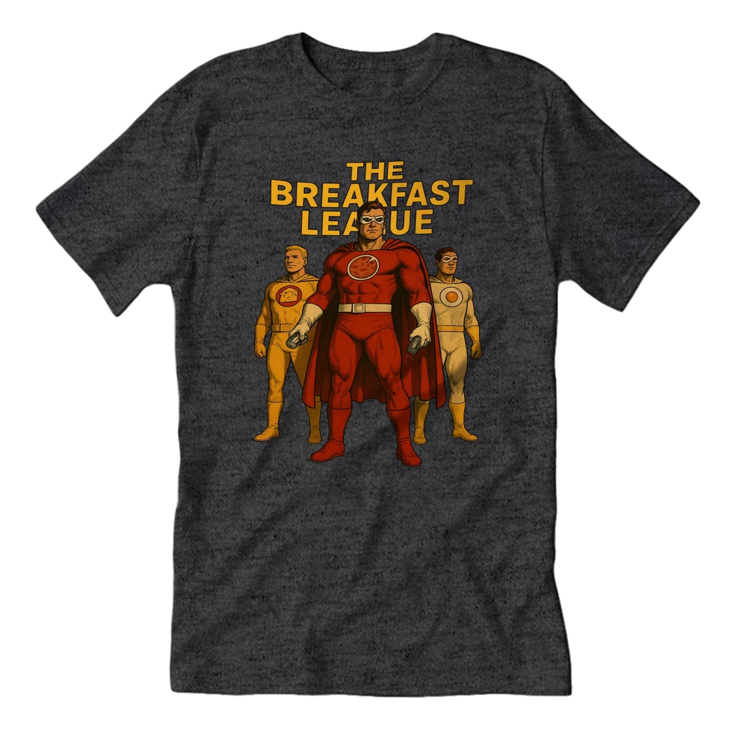 The Breakfast League graphic t-shirt featuring Captain Pork Roll and The Incredible Yolk cartoon characters