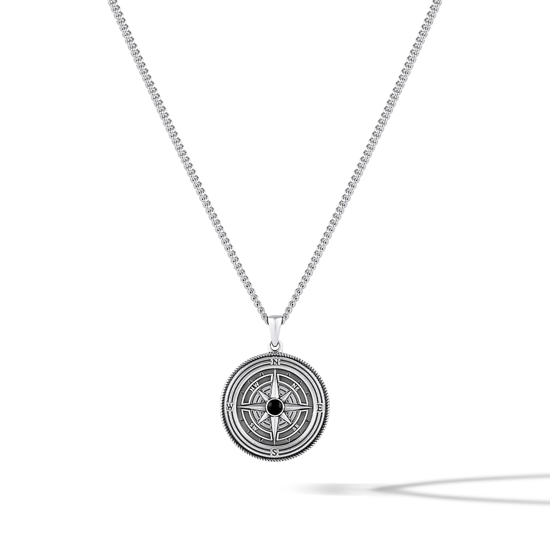 Compass Rose Pendant Necklace with Onyx Stone in Sterling Silver