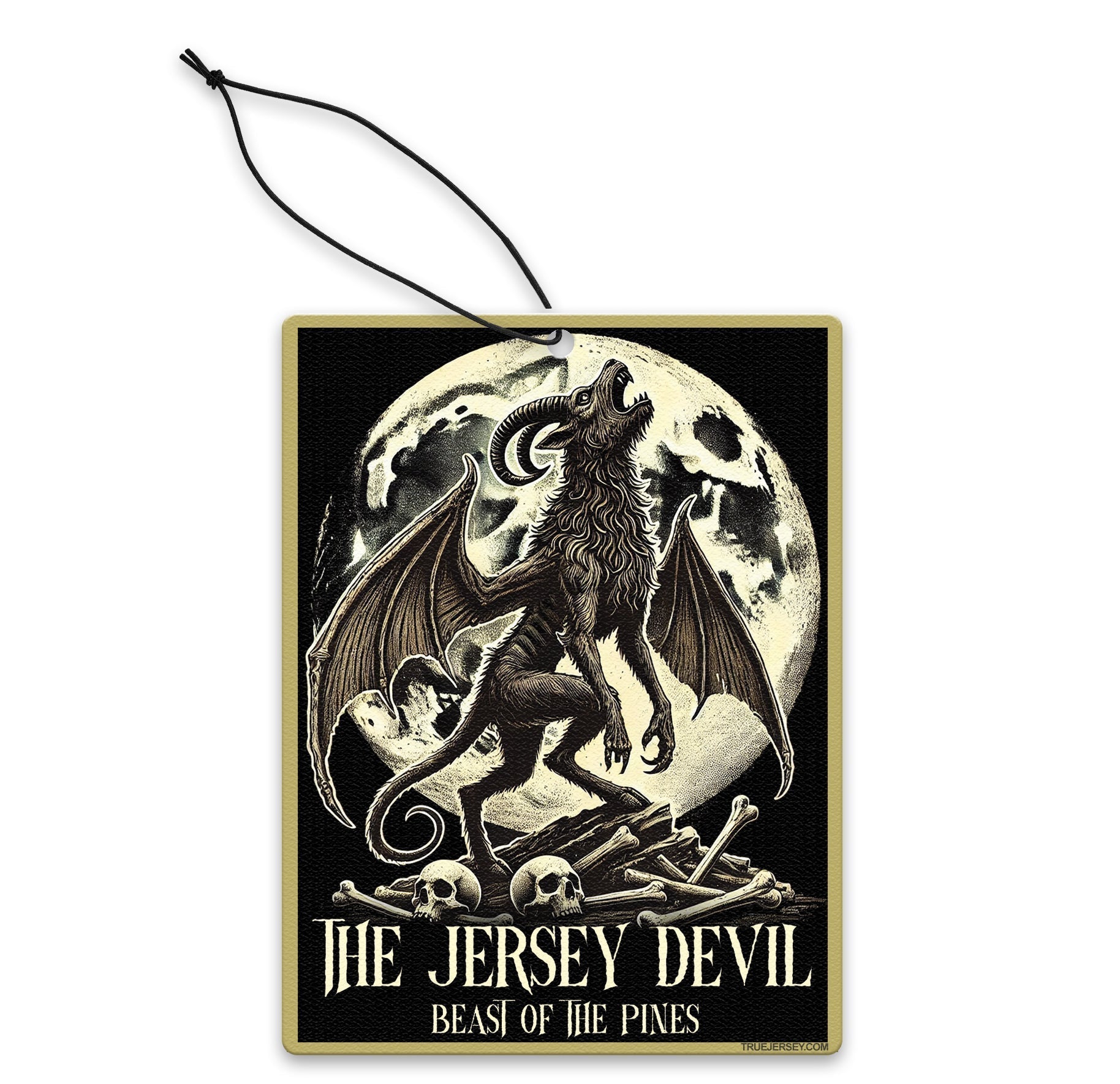 Jersey Devil Beast of the Pines air freshener hanging in a car, featuring cryptid artwork