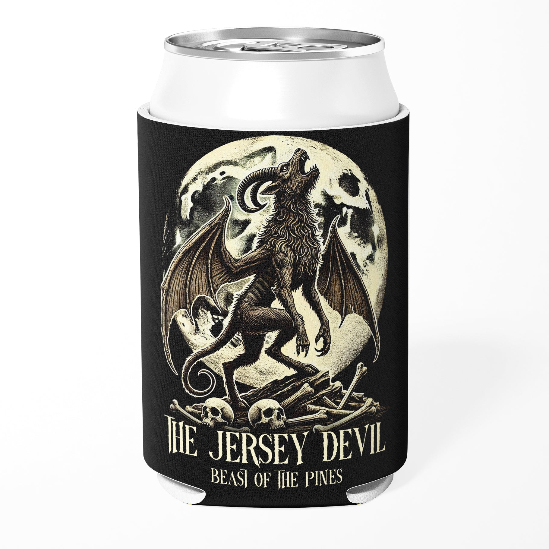 Jersey Devil Beast of the Pines can cooler in black and cream featuring a gothic cryptid illustration.