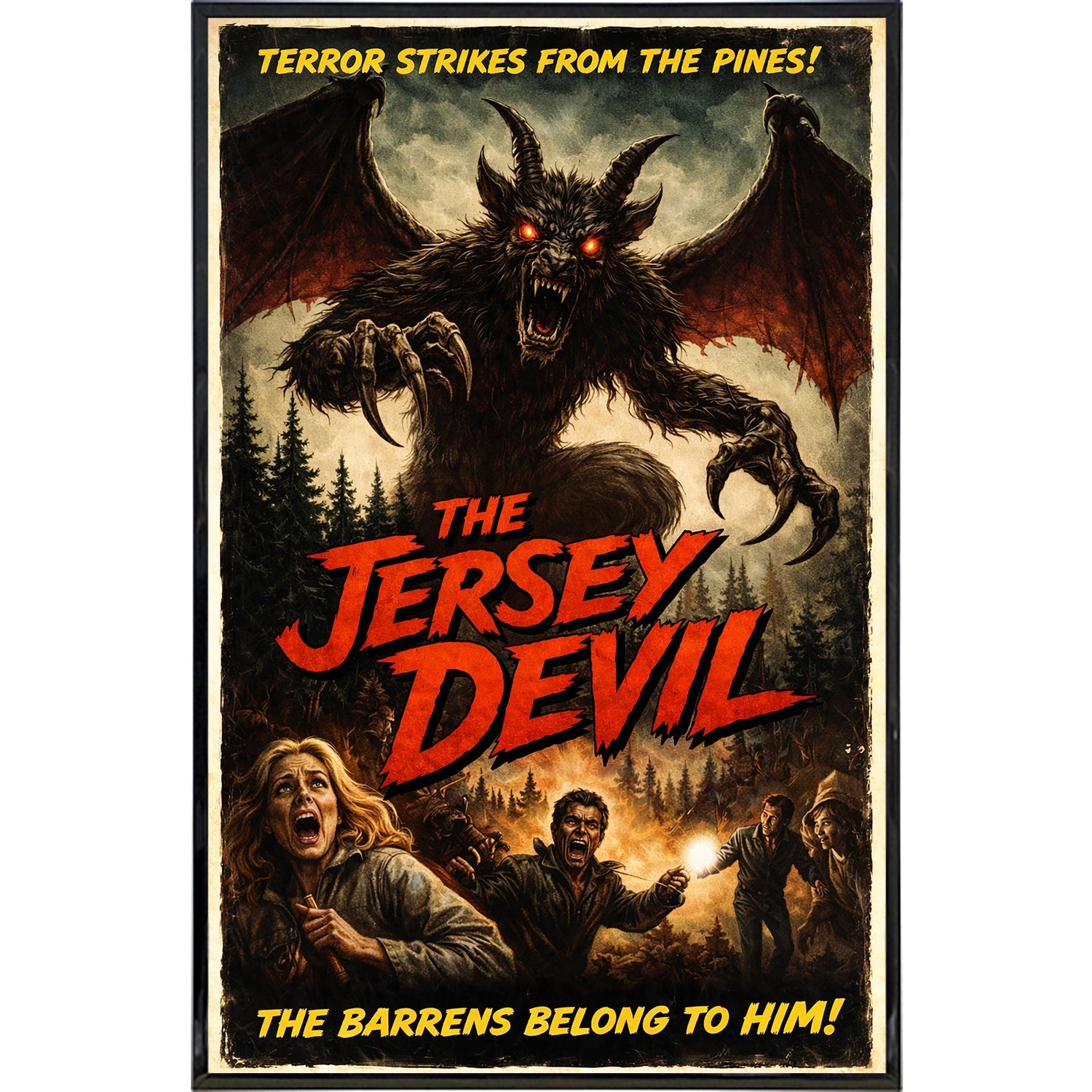 A stylized horror movie poster print of the Jersey Devil set in the Pine Barrens.