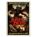 Vintage horror style Jersey Devil movie poster sticker in black, red, and yellow tones.