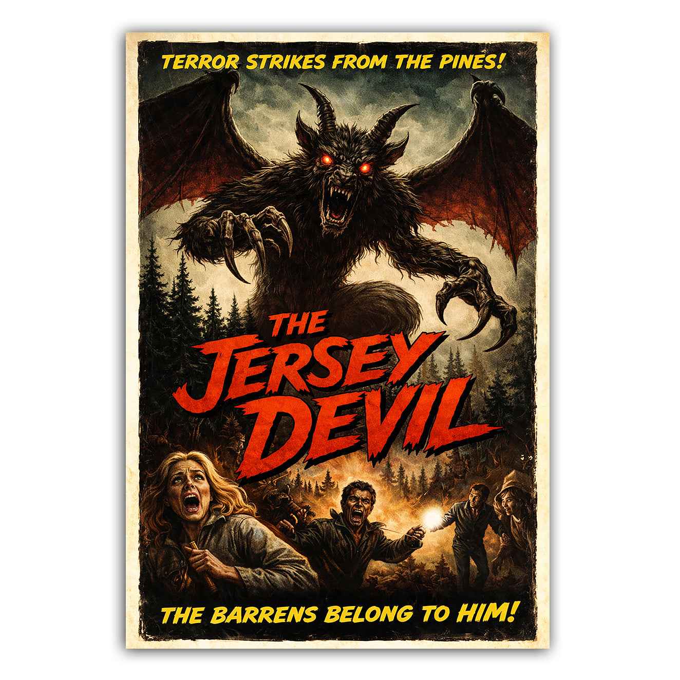 Vintage horror style Jersey Devil movie poster sticker in black, red, and yellow tones.
