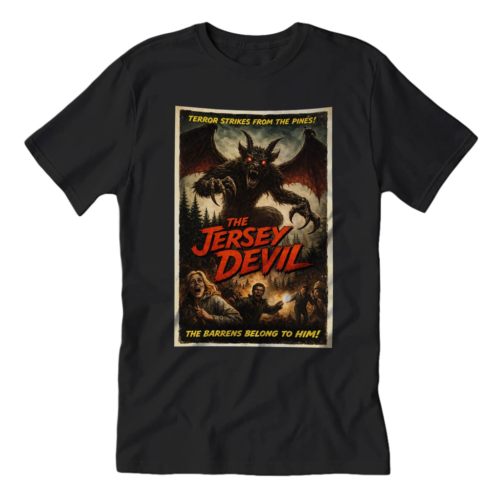 Close-up of a Jersey Devil horror movie poster graphic on a high-quality cotton t-shirt with retro 80s aesthetic.