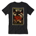 Close-up of a Jersey Devil horror movie poster graphic on a high-quality cotton t-shirt with retro 80s aesthetic.