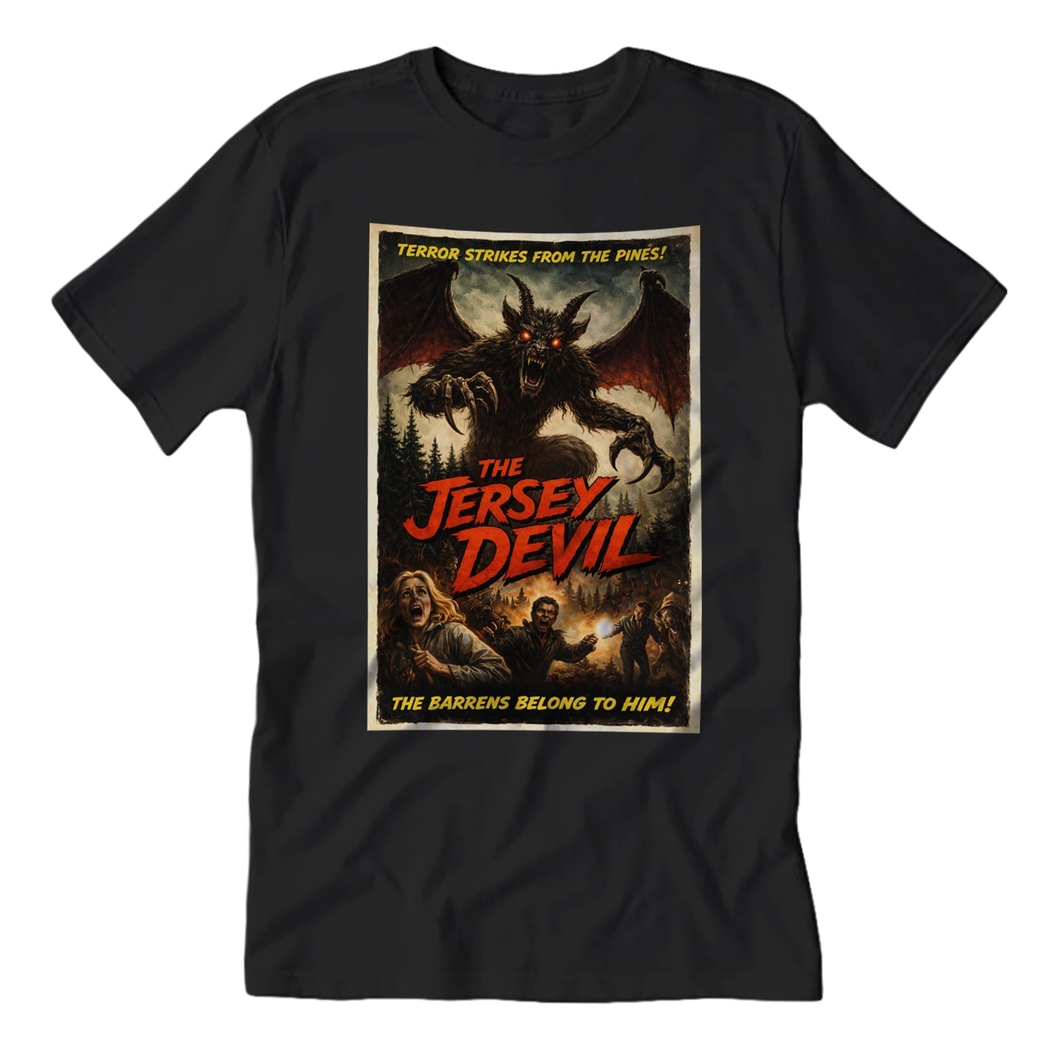 Close-up of a Jersey Devil horror movie poster graphic on a high-quality cotton t-shirt with retro 80s aesthetic.