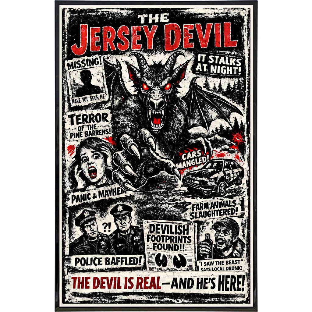 Vintage-style tabloid art print titled The Jersey Devil It Stalks at Night
