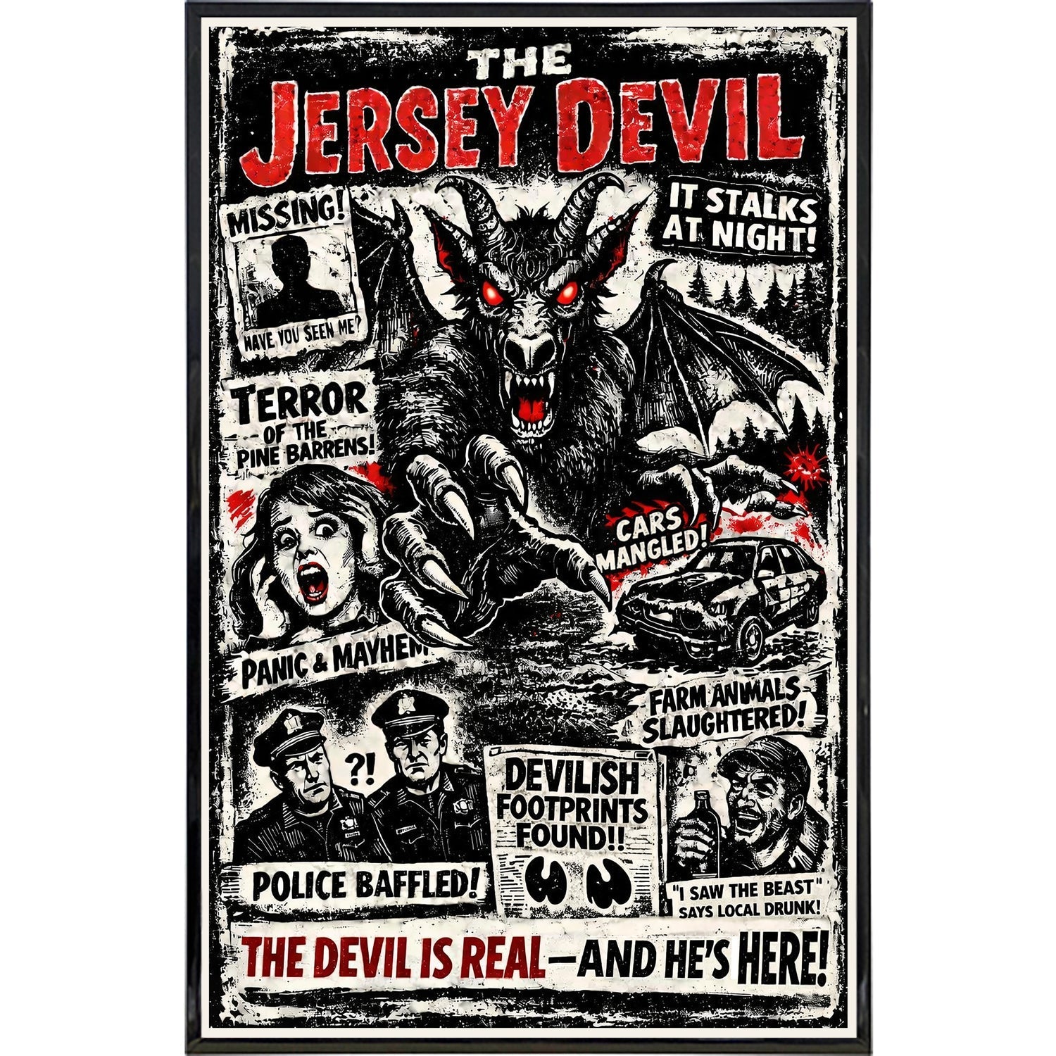 Vintage-style tabloid art print titled The Jersey Devil It Stalks at Night