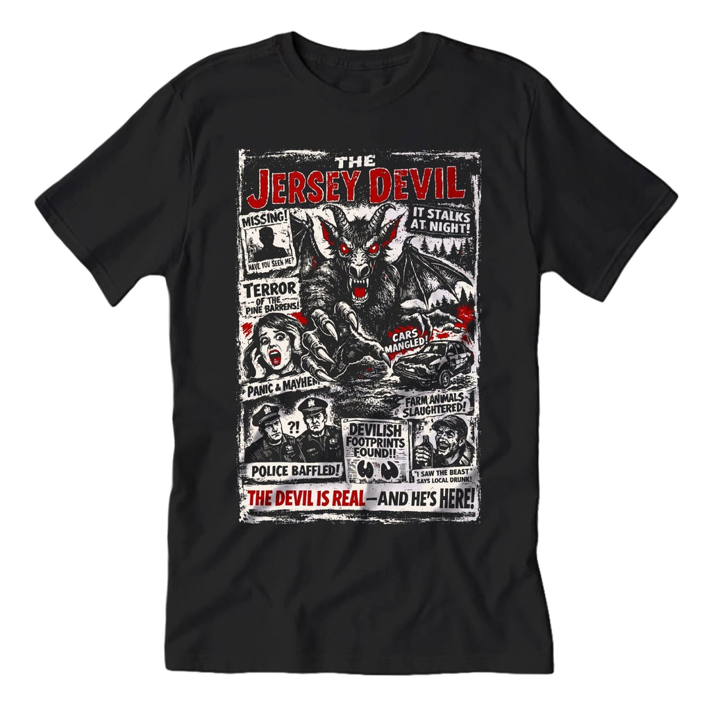 Unisex black graphic t-shirt featuring The Jersey Devil cryptid in red and white tones on a vintage-style cotton fabric.