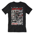 Unisex black graphic t-shirt featuring The Jersey Devil cryptid in red and white tones on a vintage-style cotton fabric.
