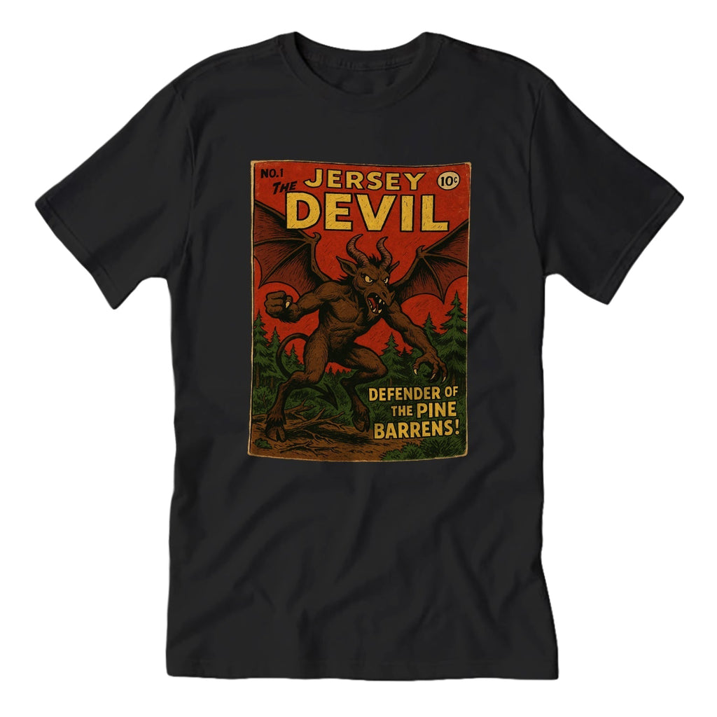 Jersey Devil Number One graphic t-shirt featuring high-contrast local cryptid artwork.