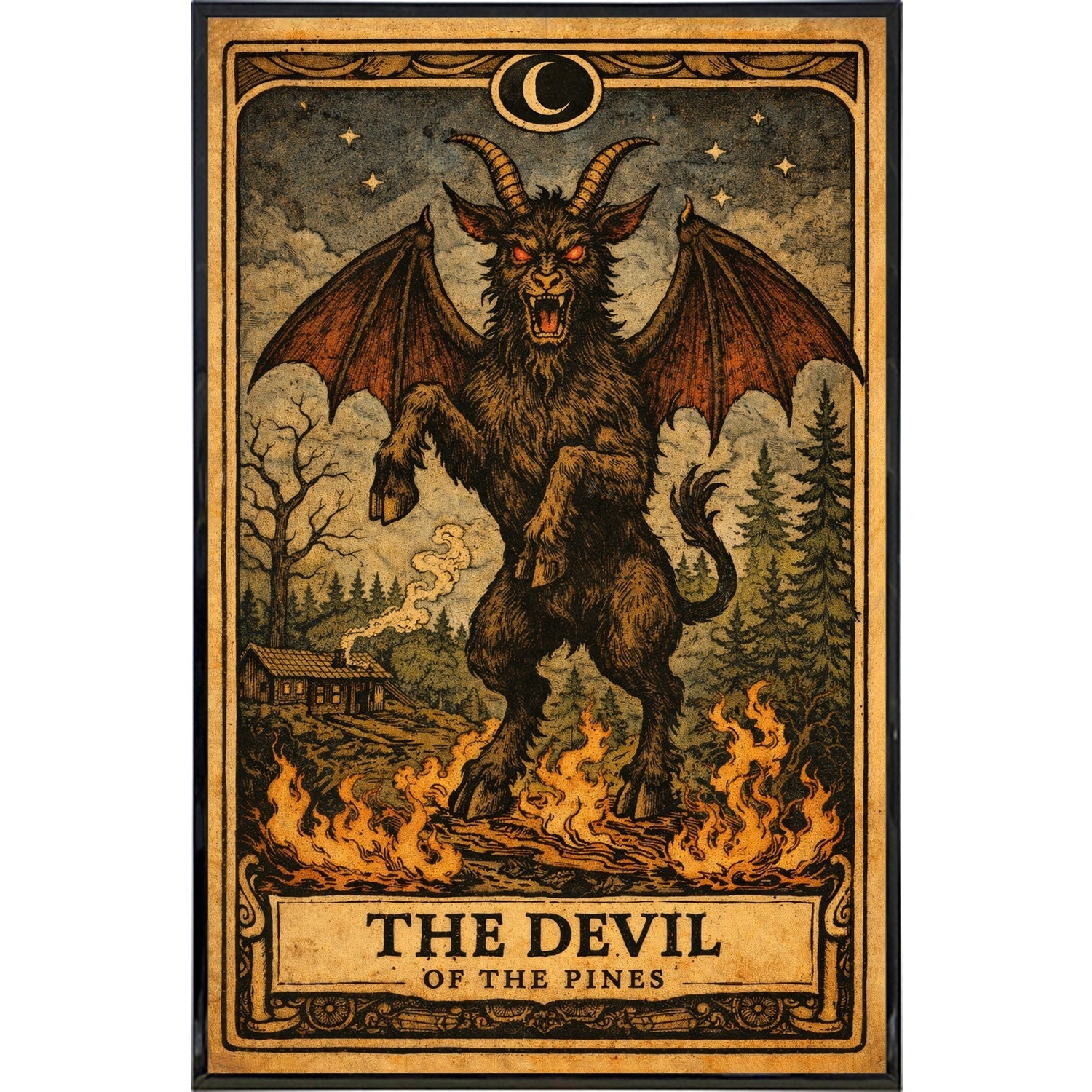 Artistic print of the Jersey Devil depicted as The Devil tarot card standing in the Pine Barrens