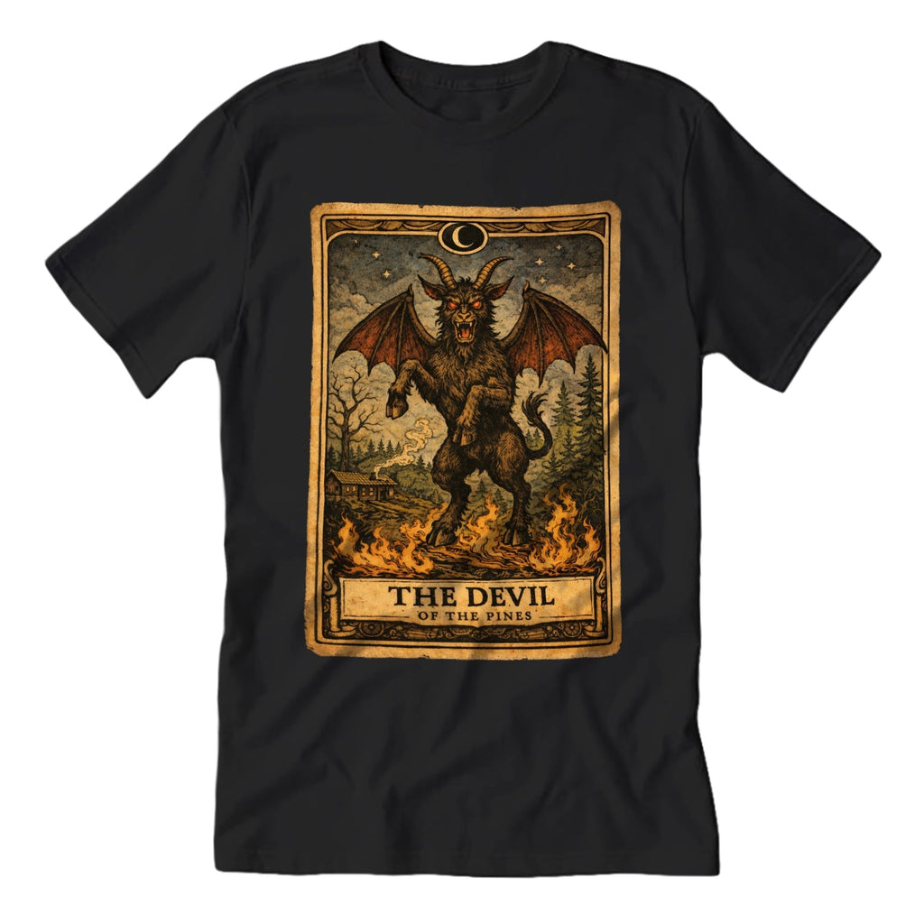 Close up of Jersey Devil Tarot Card graphic t-shirt featuring mystical linework and a crescent moon.