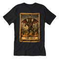 Close up of Jersey Devil Tarot Card graphic t-shirt featuring mystical linework and a crescent moon.
