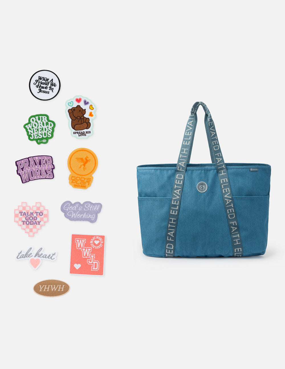 Large Everyday Denim Tote Bag with Customizable Faith Patch Kit