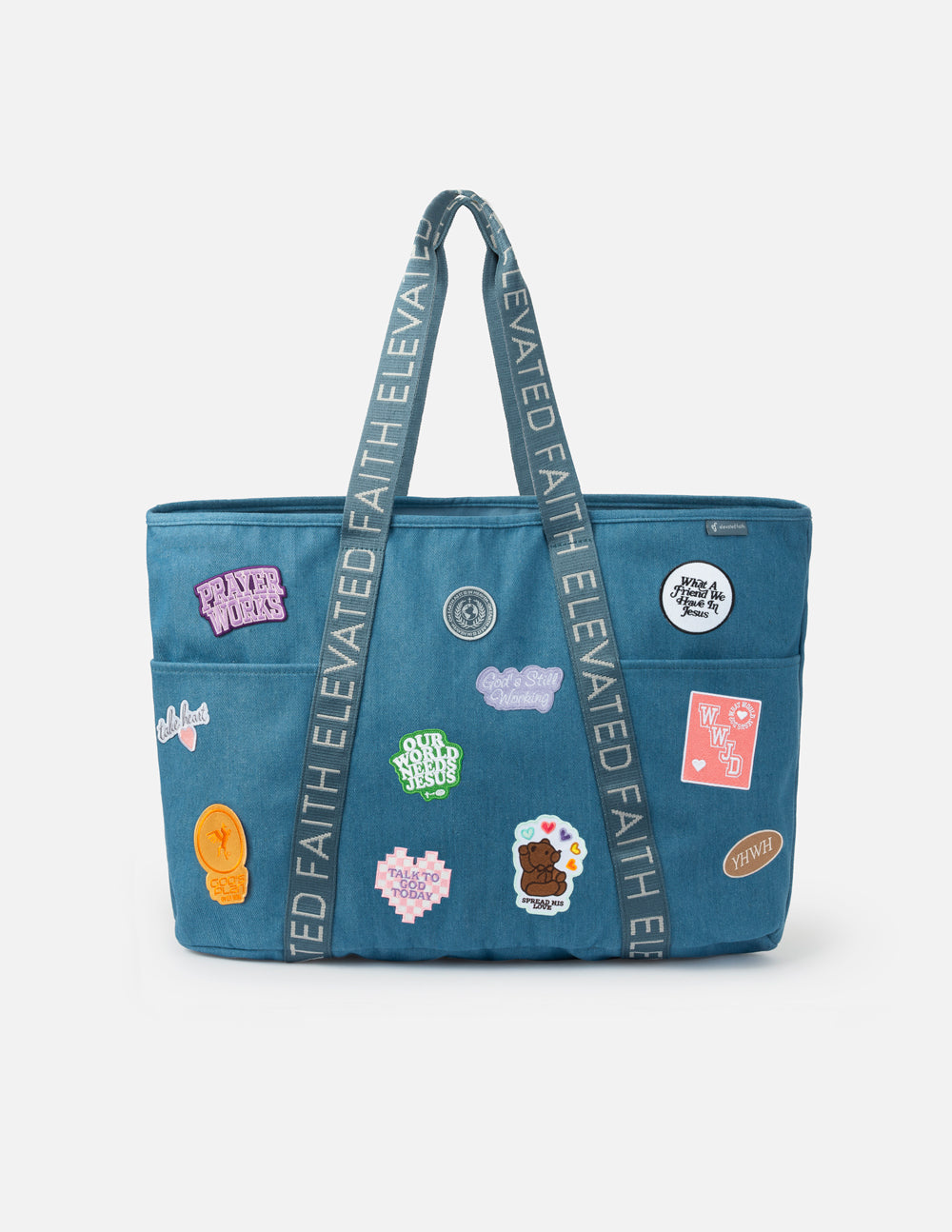 Large Everyday Denim Tote Bag with Customizable Faith Patch Kit