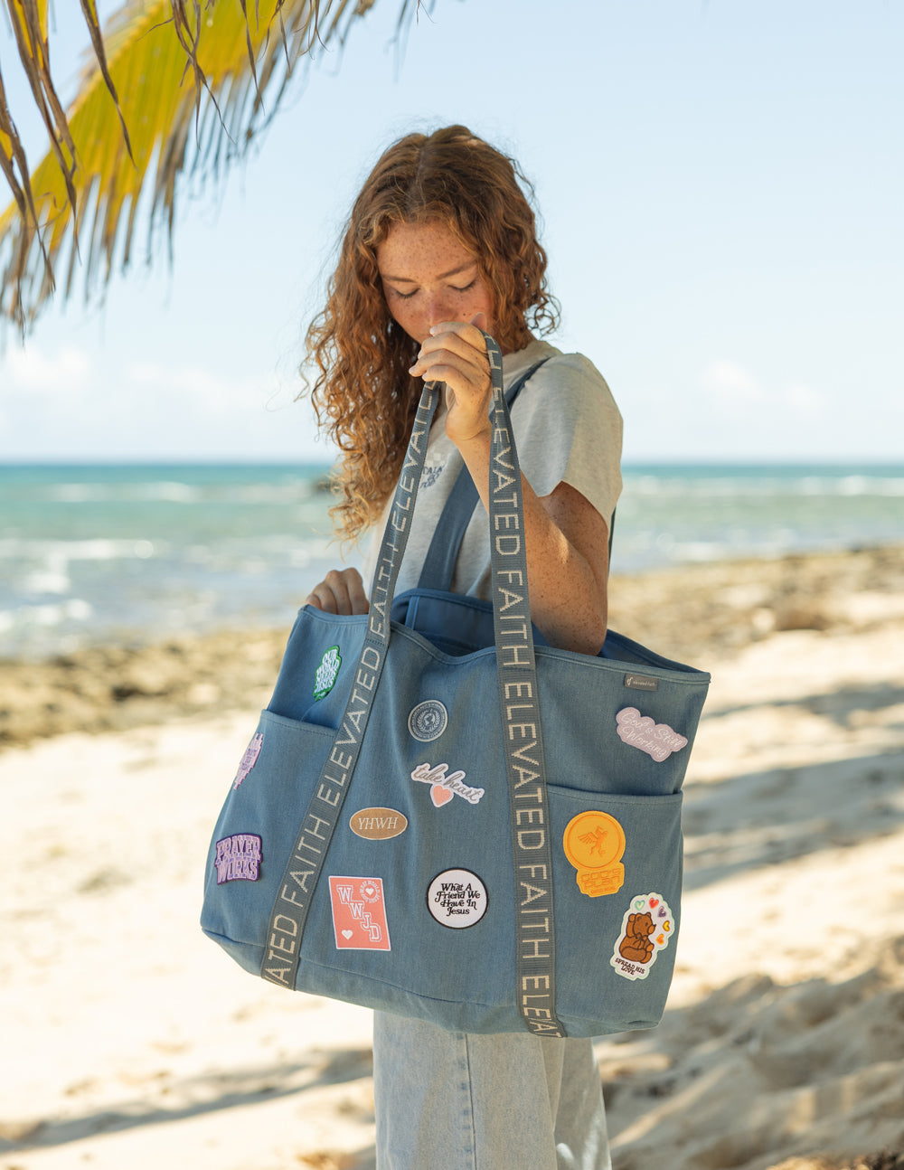 Large Everyday Denim Tote Bag with Customizable Faith Patch Kit
