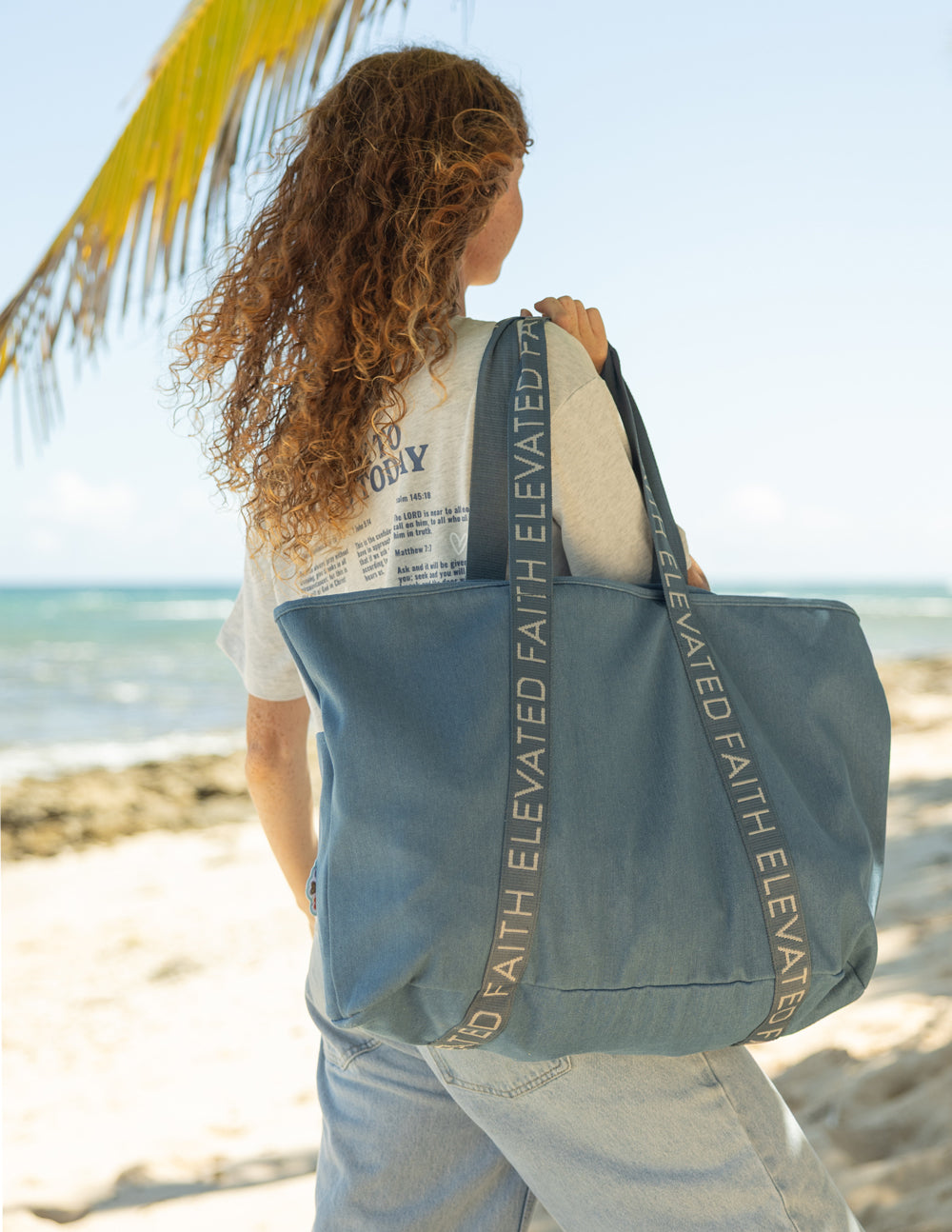 Large Everyday Denim Tote Bag with Customizable Faith Patch Kit
