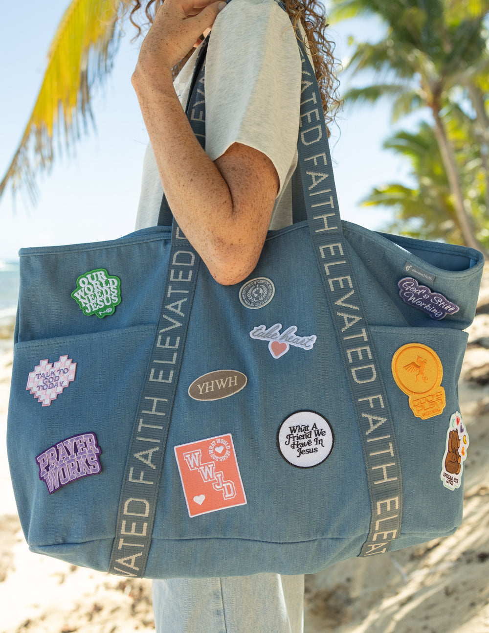 Large Everyday Denim Tote Bag with Customizable Faith Patch Kit