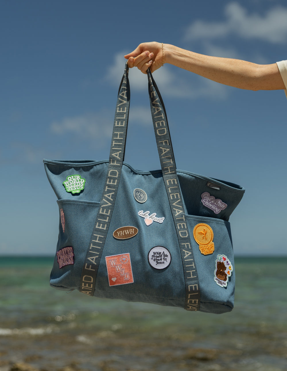 Large Everyday Denim Tote Bag with Customizable Faith Patch Kit