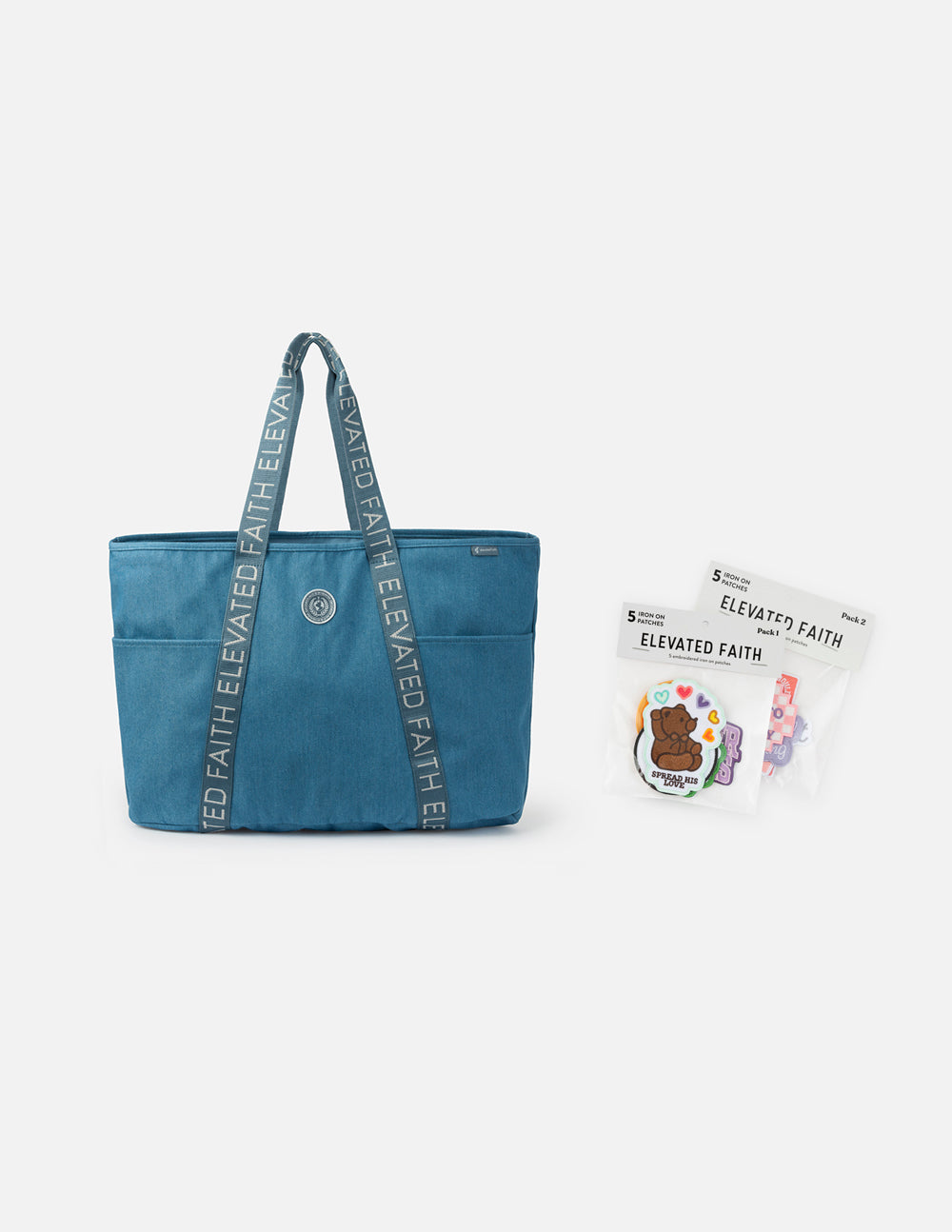 Large Everyday Denim Tote Bag with Customizable Faith Patch Kit