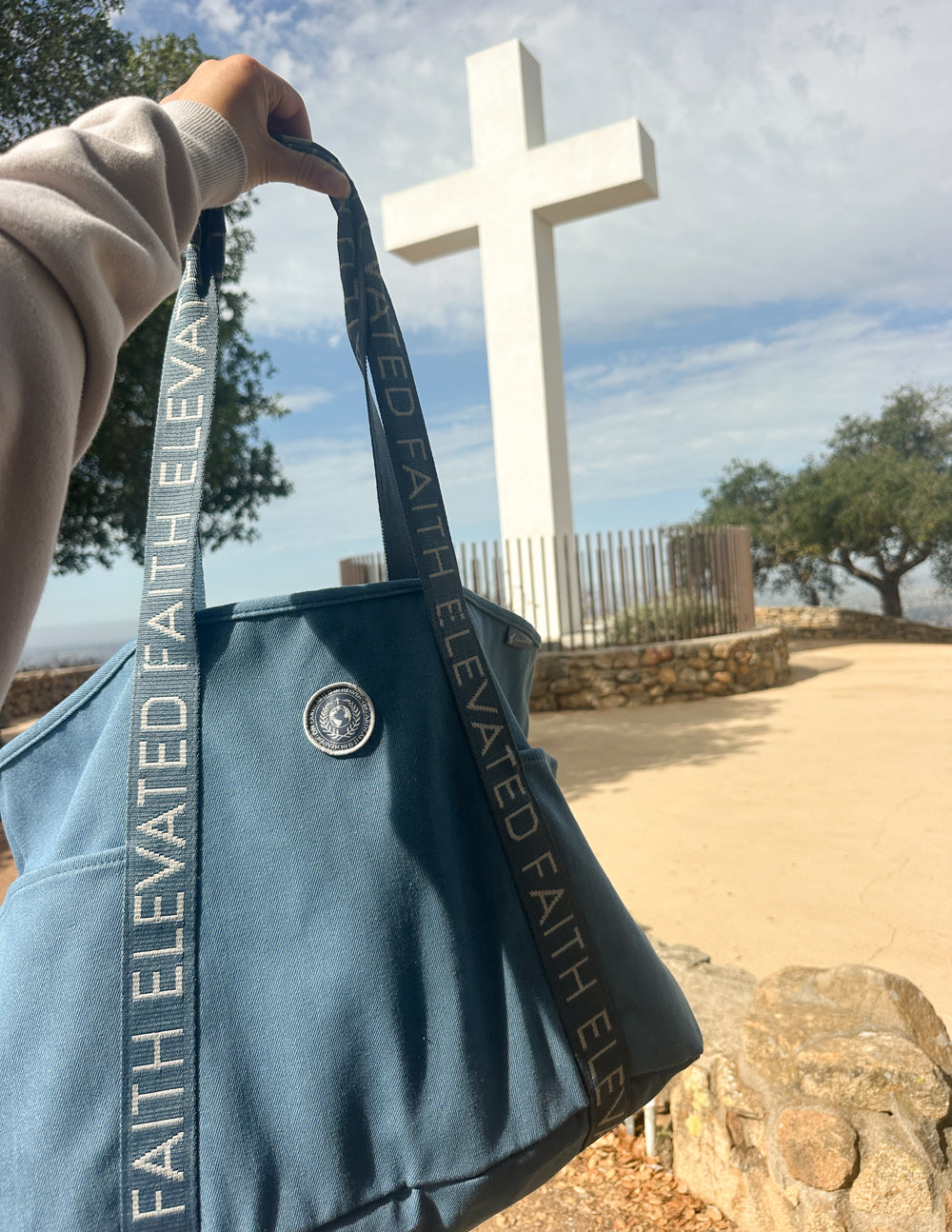 Large Everyday Denim Tote Bag with Customizable Faith Patch Kit