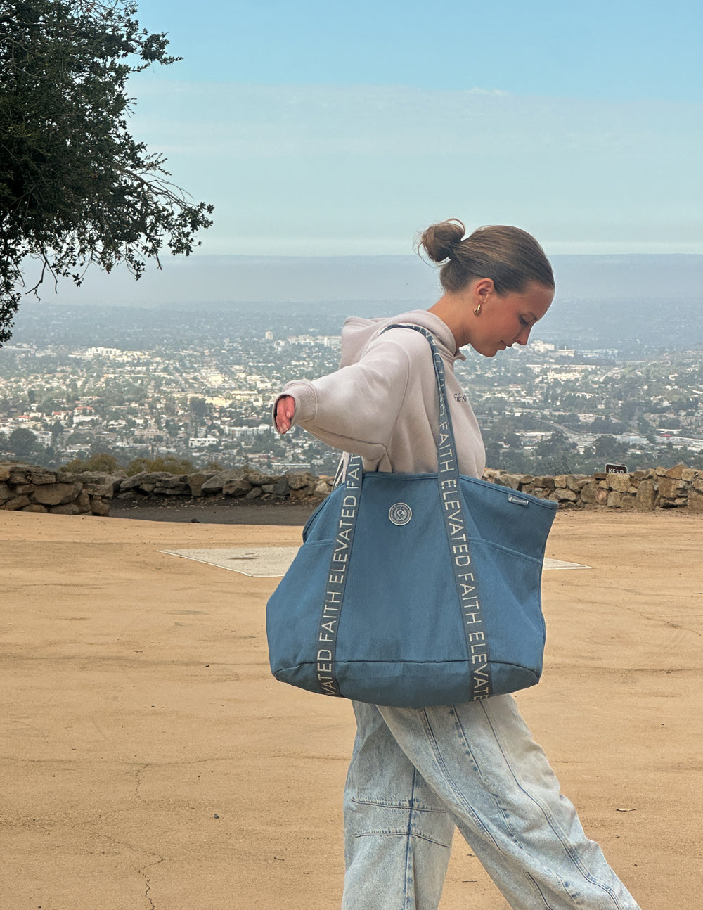Large Everyday Denim Tote Bag with Customizable Faith Patch Kit