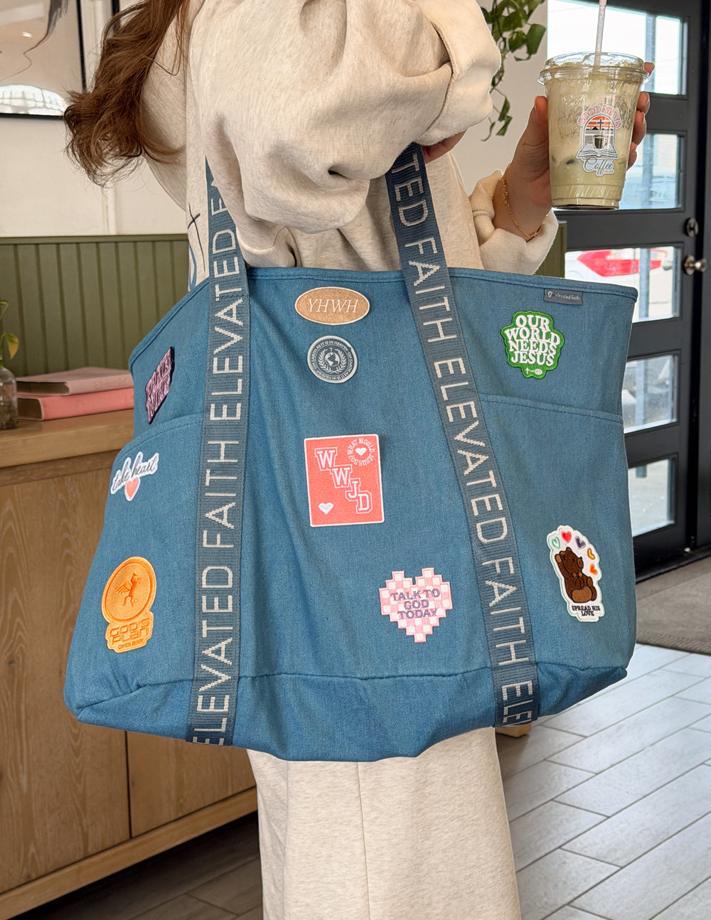 Large Everyday Denim Tote Bag with Customizable Faith Patch Kit