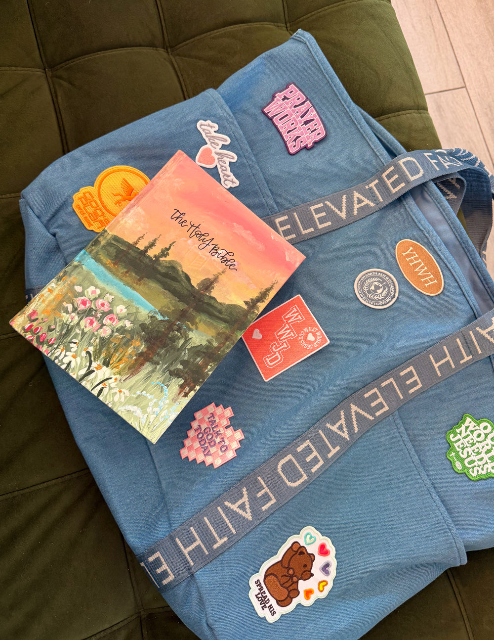 Large Everyday Denim Tote Bag with Customizable Faith Patch Kit