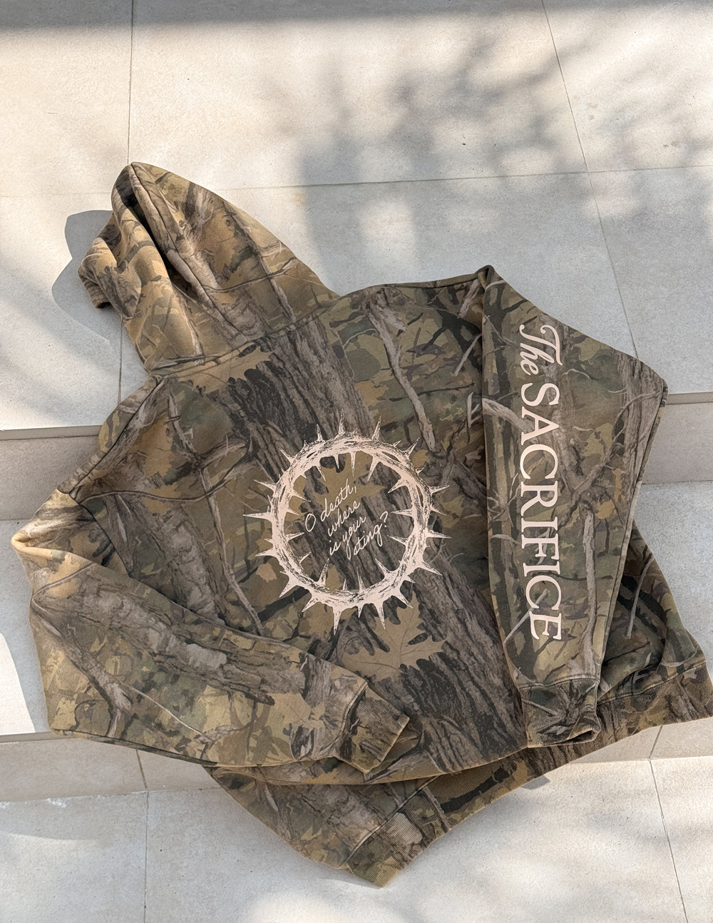 The Sacrifice Camo Unisex Hoodie in Green, Brown, and Tan