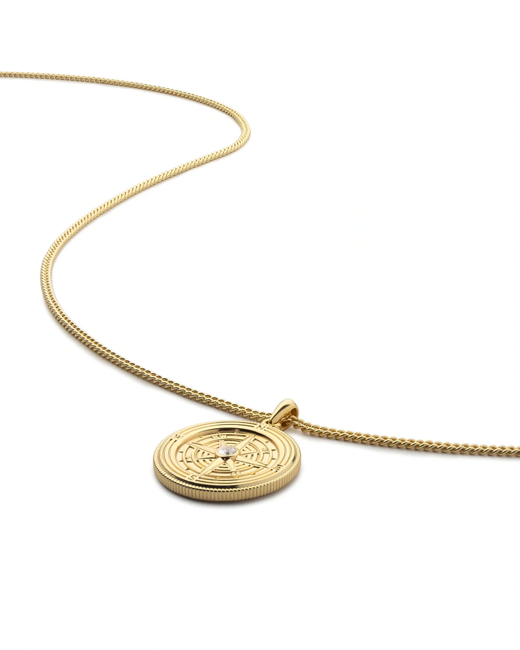 Gold Compass Pendant Necklace with Sapphire Detail