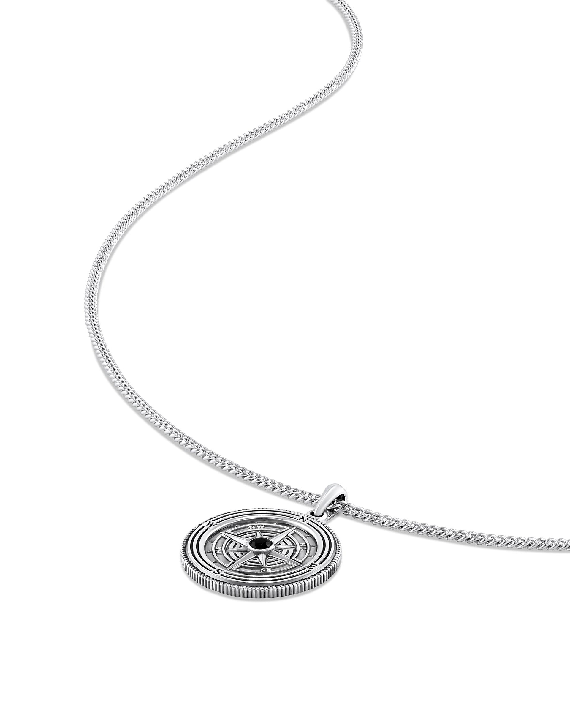 Compass Rose Pendant Necklace with Onyx Stone in Sterling Silver