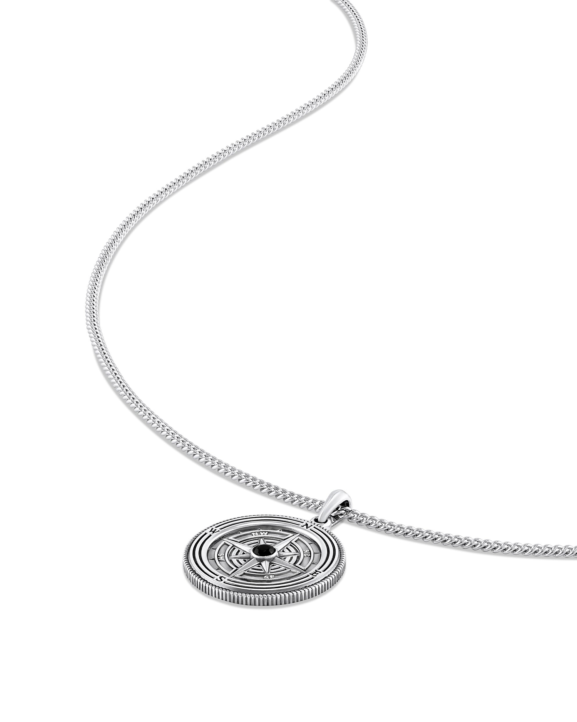 Compass Rose Pendant Necklace with Onyx Stone in Sterling Silver