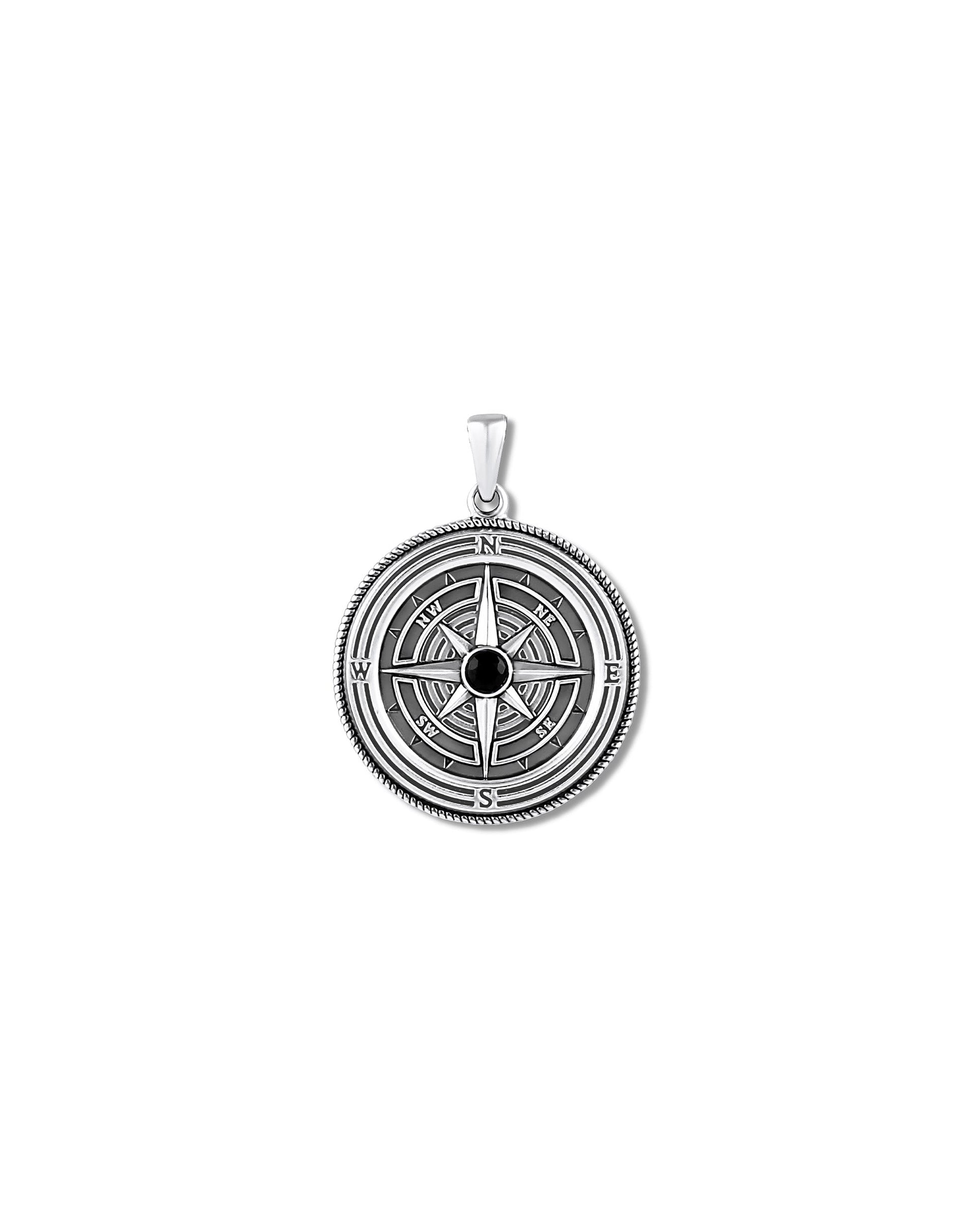 Compass Rose Pendant Necklace with Onyx Stone in Sterling Silver