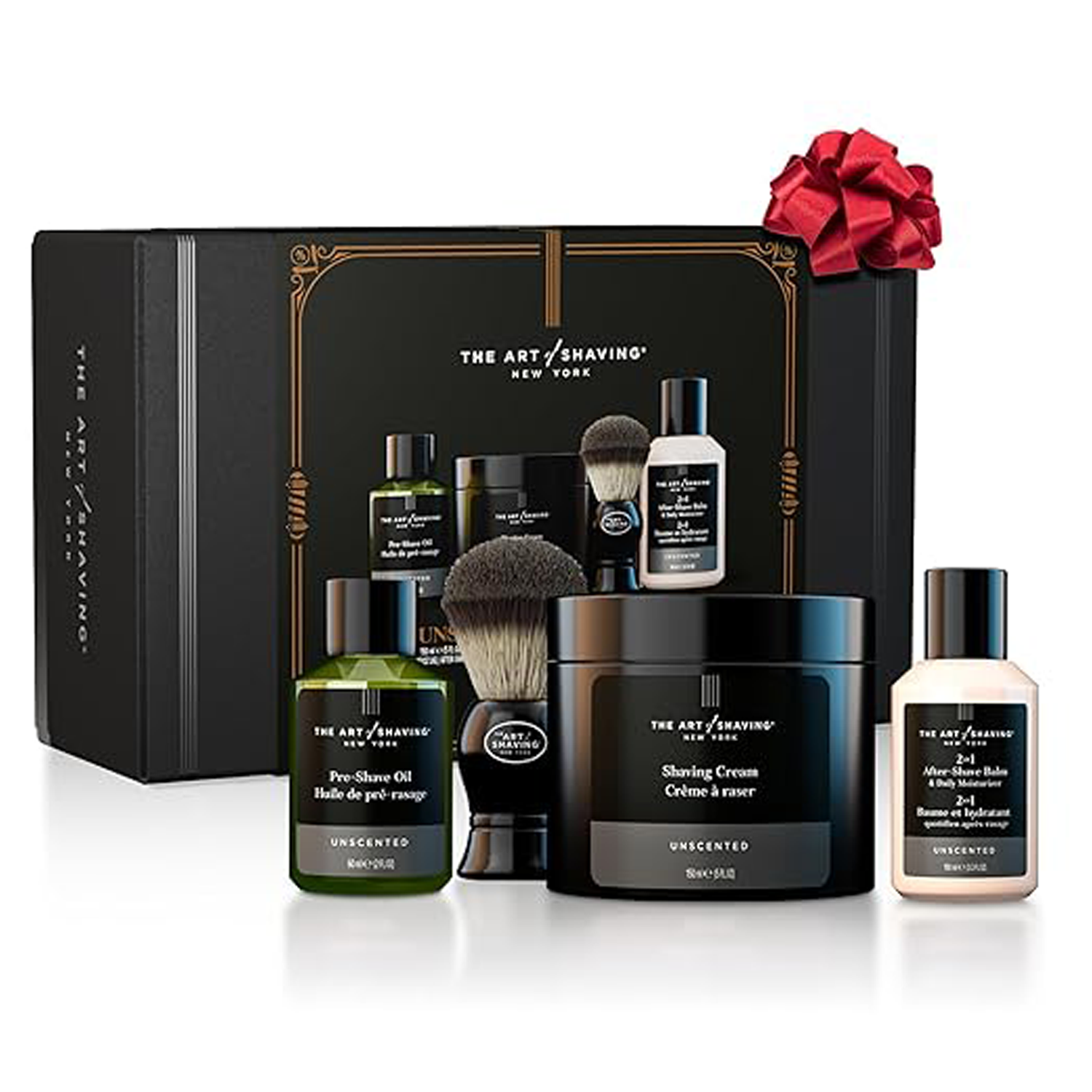The Art of Shaving unscented 3-piece grooming kit in minimalist black and white packaging.